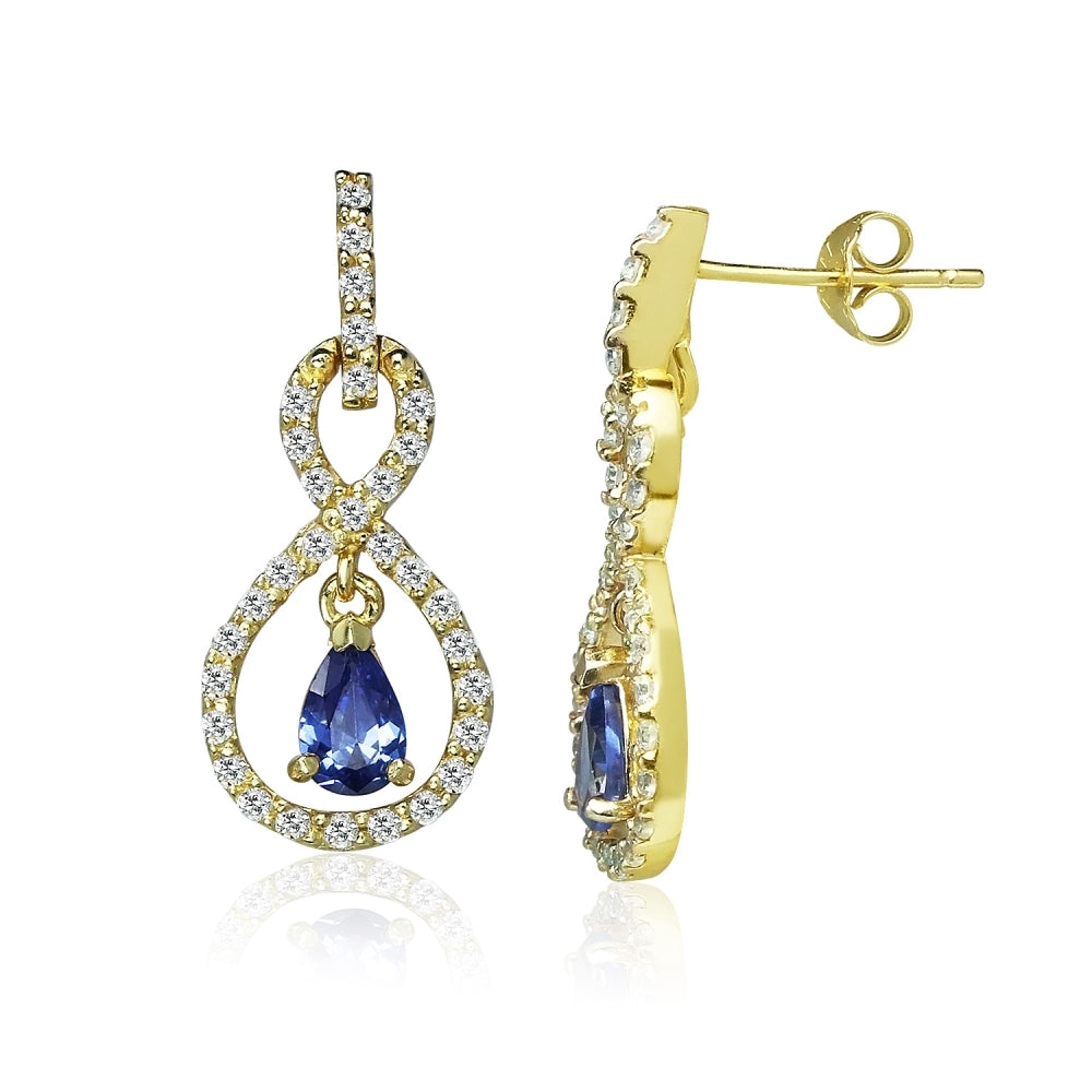Yellow Gold Flashed Sterling Silver Blue Cubic Zirconia Teardrop Infinity Figure 8 Dangle Earrings