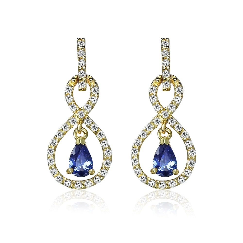 Yellow Gold Flashed Sterling Silver Blue Cubic Zirconia Teardrop Infinity Figure 8 Dangle Earrings-2