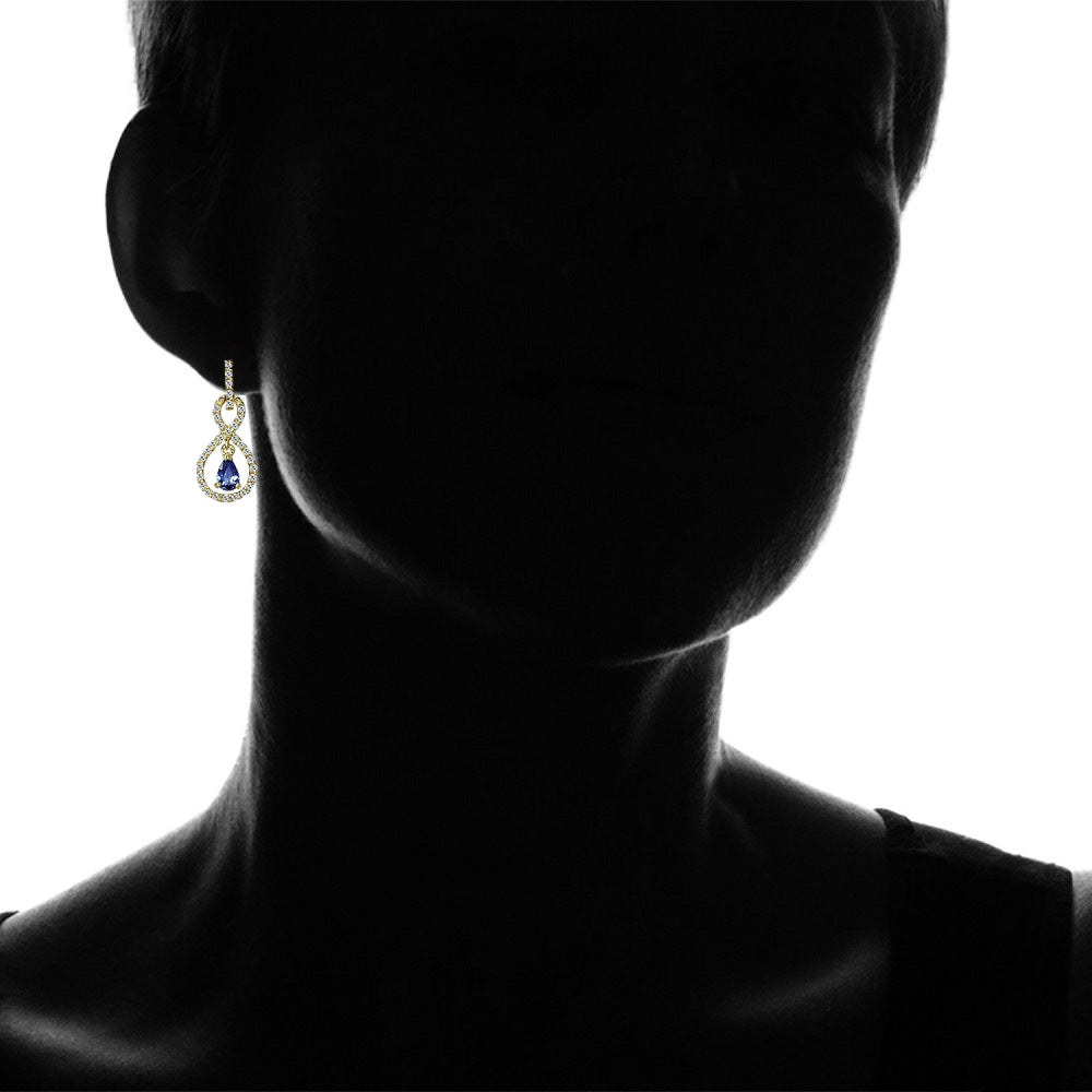 Yellow Gold Flashed Sterling Silver Blue Cubic Zirconia Teardrop Infinity Figure 8 Dangle Earrings-4