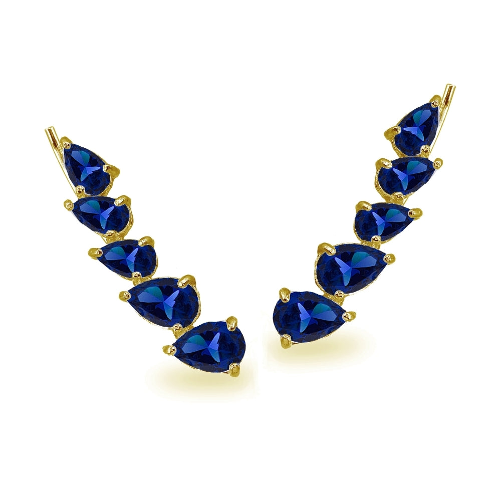 Gold Flash Sterling Silver Created Blue Sapphire Teardrop Curved Climber Crawler Earrings