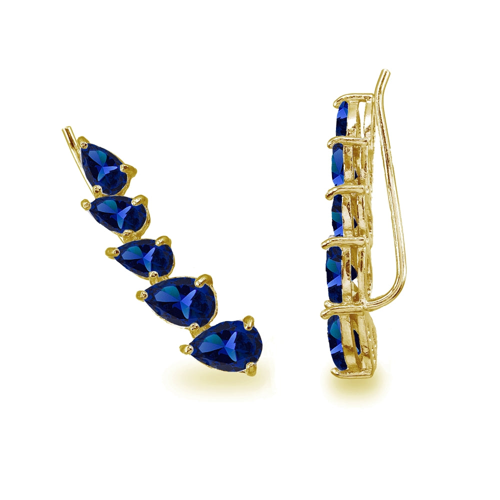 Gold Flash Sterling Silver Created Blue Sapphire Teardrop Curved Climber Crawler Earrings-2