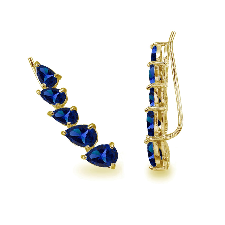 Gold Flash Sterling Silver Created Blue Sapphire Teardrop Curved Climber Crawler Earrings