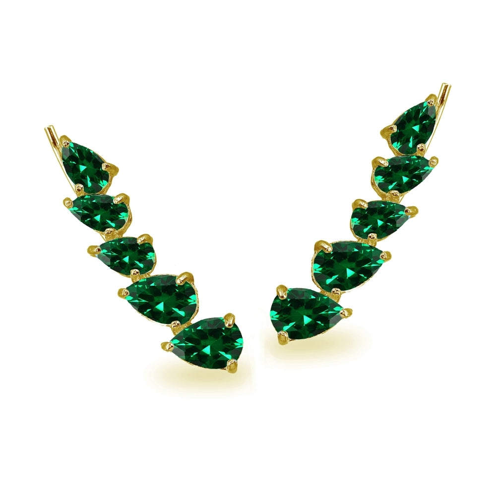Gold Flash Sterling Silver Simulated Emerald Teardrop Curved Climber Crawler Earrings