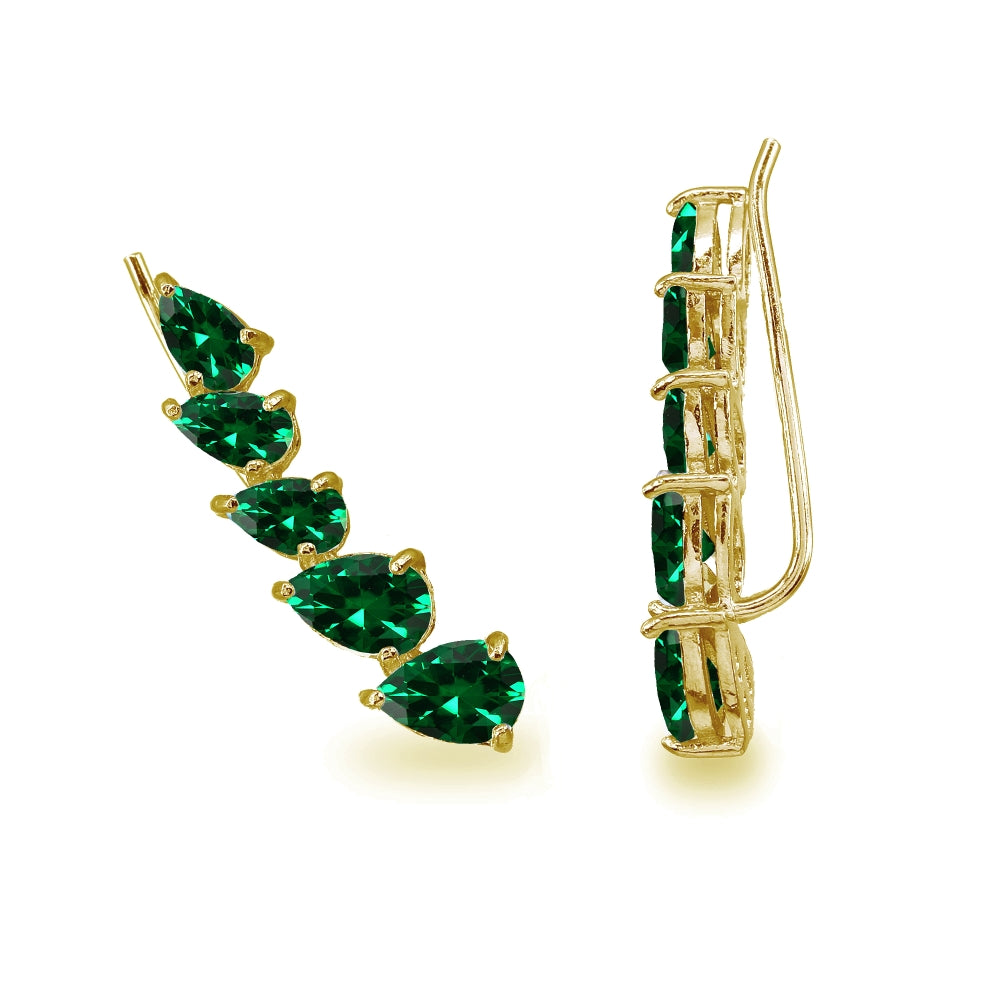 Gold Flash Sterling Silver Simulated Emerald Teardrop Curved Climber Crawler Earrings-2