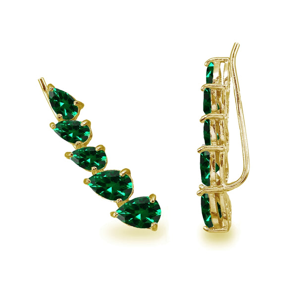 Gold Flash Sterling Silver Simulated Emerald Teardrop Curved Climber Crawler Earrings