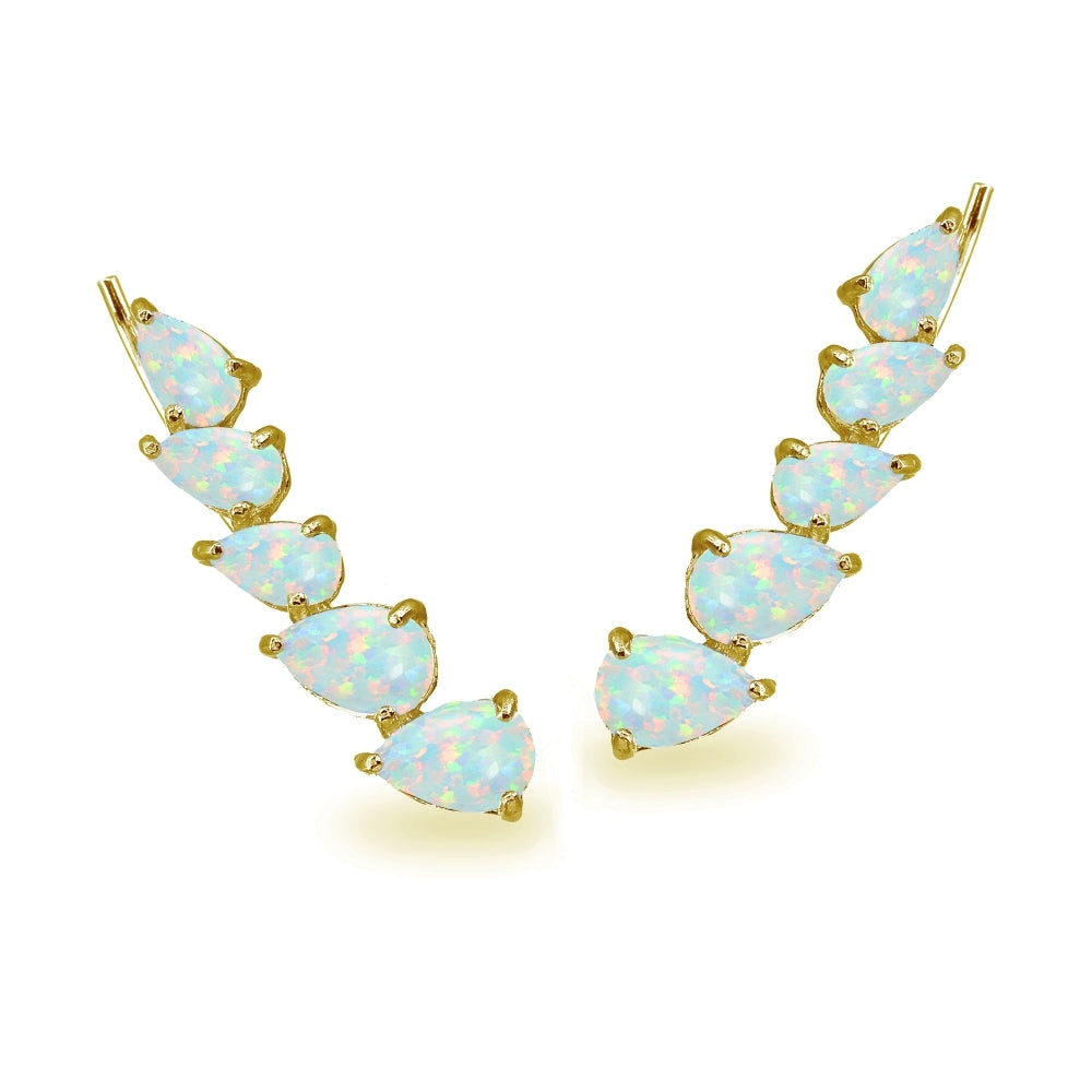 Gold Flash Sterling Silver Created Opal Teardrop Curved Climber Crawler Earrings