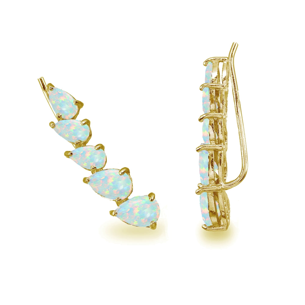 Gold Flash Sterling Silver Created Opal Teardrop Curved Climber Crawler Earrings-2