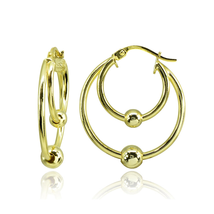 Yellow Gold Flashed Sterling Silver High Polished Double Hoop with Bead Earrings
