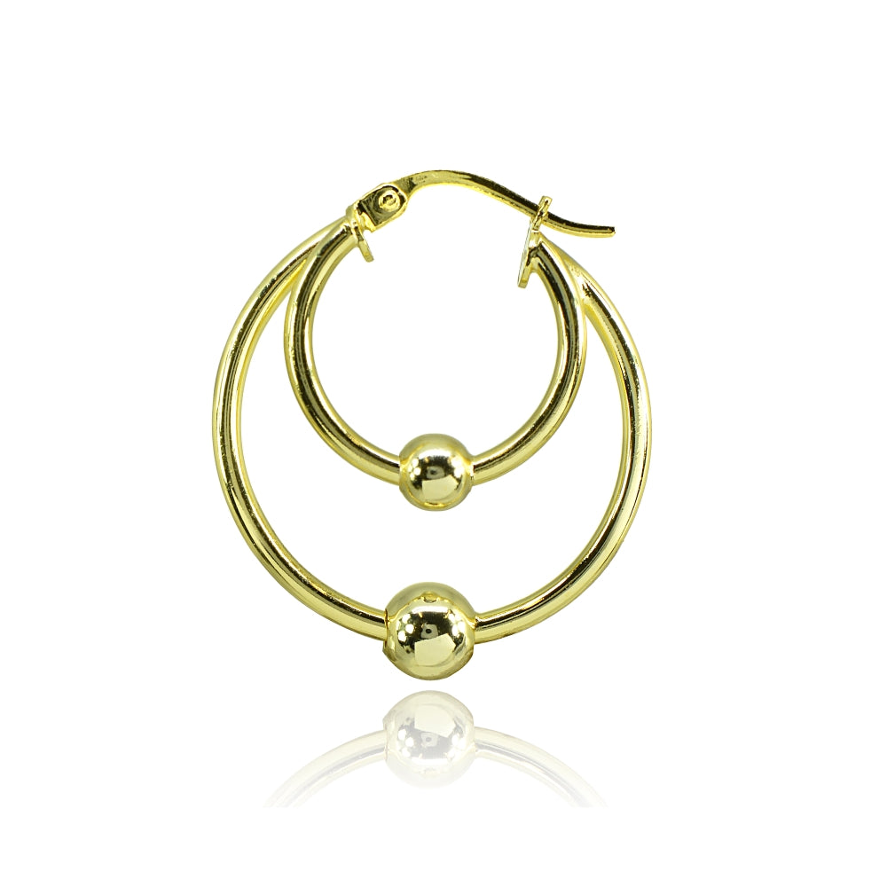 Yellow Gold Flashed Sterling Silver High Polished Double Hoop with Bead Earrings-2