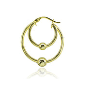 Yellow Gold Flashed Sterling Silver High Polished Double Hoop with Bead Earrings