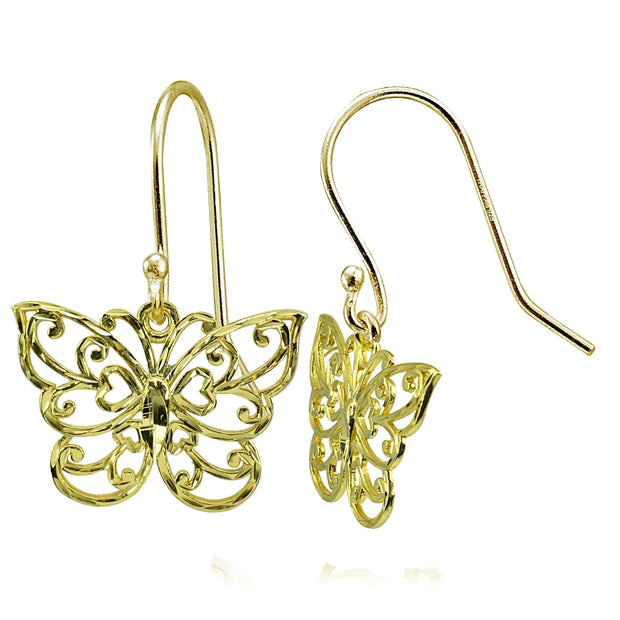 Yellow Gold Flashed Sterling Silver High Polished Diamond-cut Filigree Butterfly Dangle Earrings