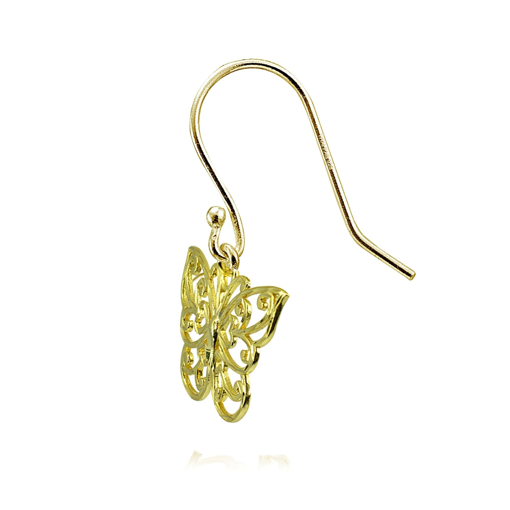 Yellow Gold Flashed Sterling Silver High Polished Diamond-cut Filigree Butterfly Dangle Earrings-2