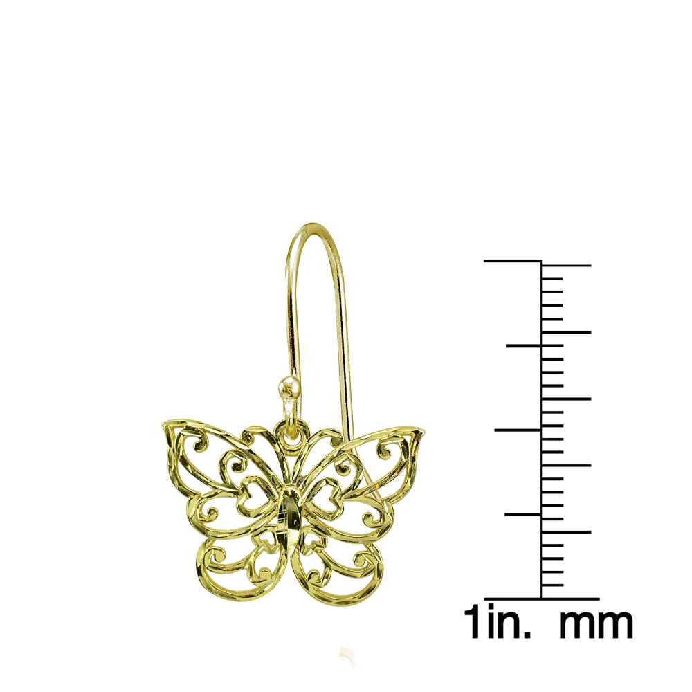 Yellow Gold Flashed Sterling Silver High Polished Diamond-cut Filigree Butterfly Dangle Earrings-3