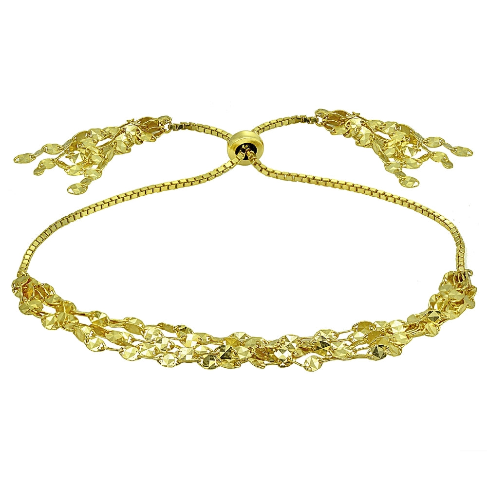 Yellow Gold Flashed Sterling Silver Flat Fashion-Link Chain Layered Tassel Adjustable Bolo Bracelet