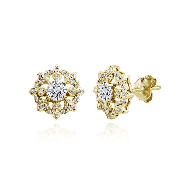 Yellow Gold Flashed Sterling Silver Cubic Zirconia Round Snowflake Stud Earrings