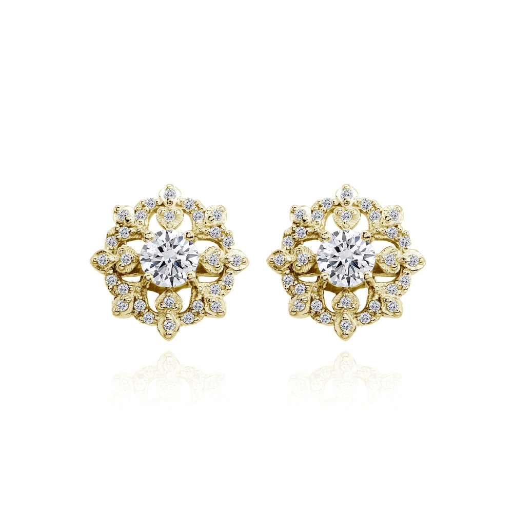 Yellow Gold Flashed Sterling Silver Cubic Zirconia Round Snowflake Stud Earrings-2