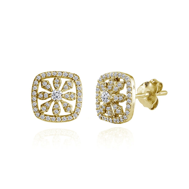 Yellow Gold Flashed Sterling Silver Cubic Zirconia Flower Cushion-Shape Stud Earrings
