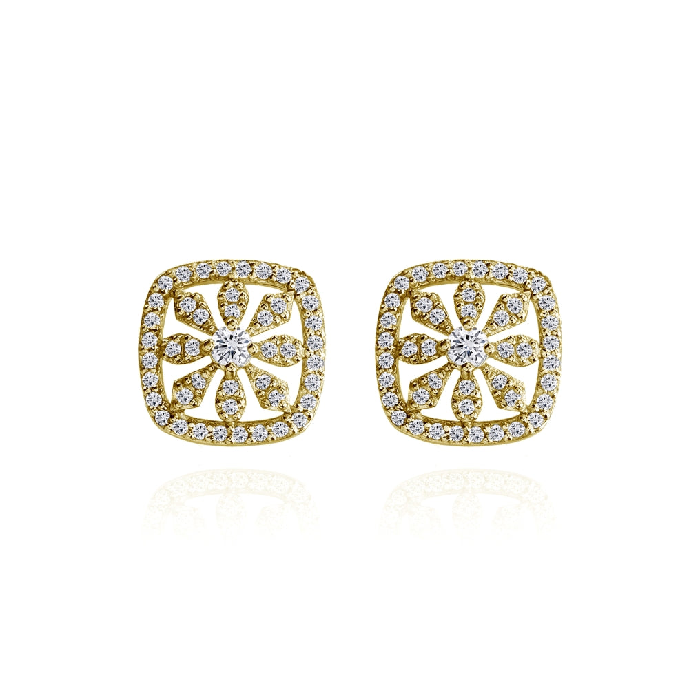 Yellow Gold Flashed Sterling Silver Cubic Zirconia Flower Cushion-Shape Stud Earrings-2