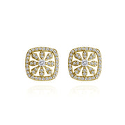 Yellow Gold Flashed Sterling Silver Cubic Zirconia Flower Cushion-Shape Stud Earrings