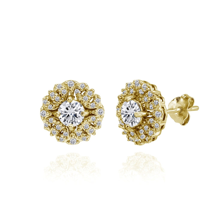Yellow Gold Flashed Sterling Silver Cubic Zirconia Round Flower Cluster Stud Earrings