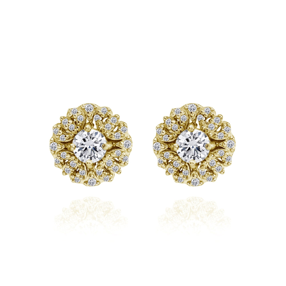 Yellow Gold Flashed Sterling Silver Cubic Zirconia Round Flower Cluster Stud Earrings-2