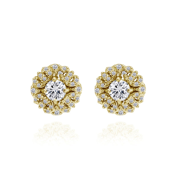 Yellow Gold Flashed Sterling Silver Cubic Zirconia Round Flower Cluster Stud Earrings