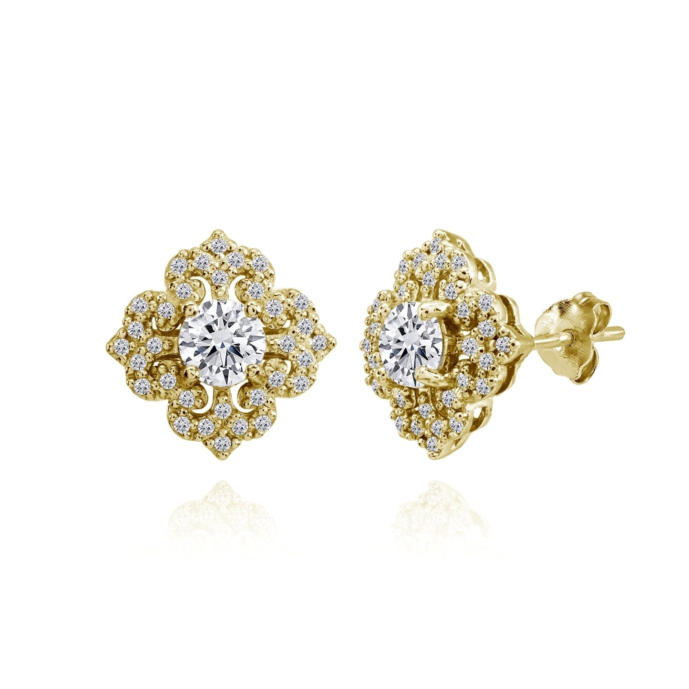 Yellow Gold Flashed Sterling Silver Cubic Zirconia Fleur De Lis Stud Earrings