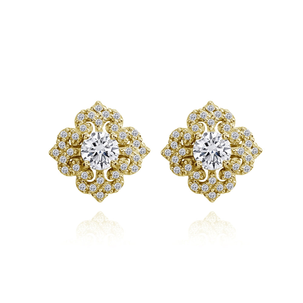 Yellow Gold Flashed Sterling Silver Cubic Zirconia Fleur De Lis Stud Earrings-2