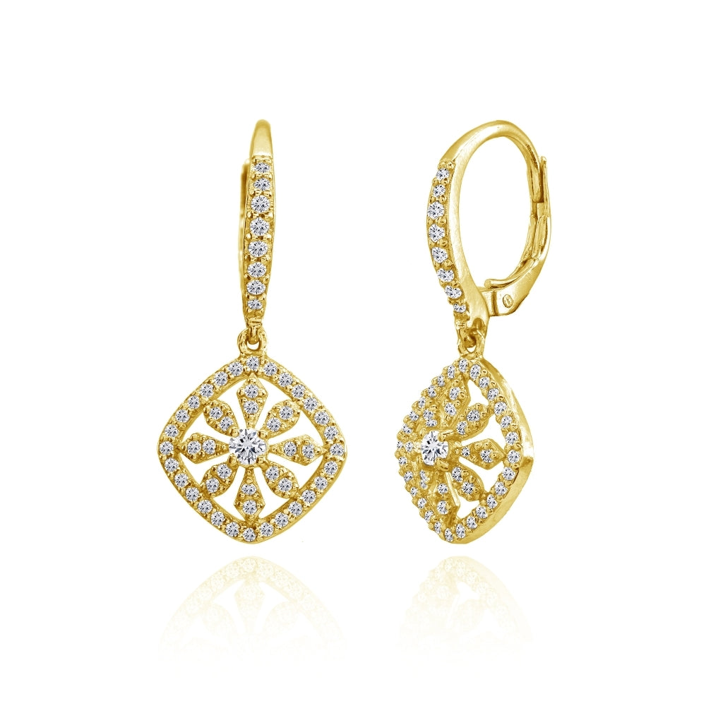 Yellow Gold Flashed Sterling Silver Cubic Zirconia Flower Cushion-Shape Dangle Leverback Earrings