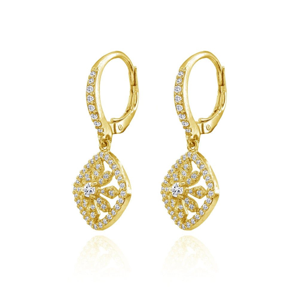 Yellow Gold Flashed Sterling Silver Cubic Zirconia Flower Cushion-Shape Dangle Leverback Earrings-2