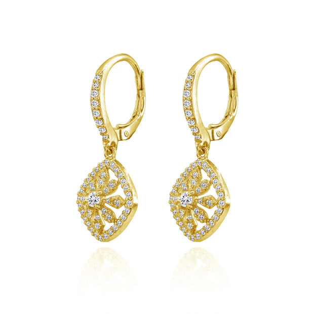 Yellow Gold Flashed Sterling Silver Cubic Zirconia Flower Cushion-Shape Dangle Leverback Earrings