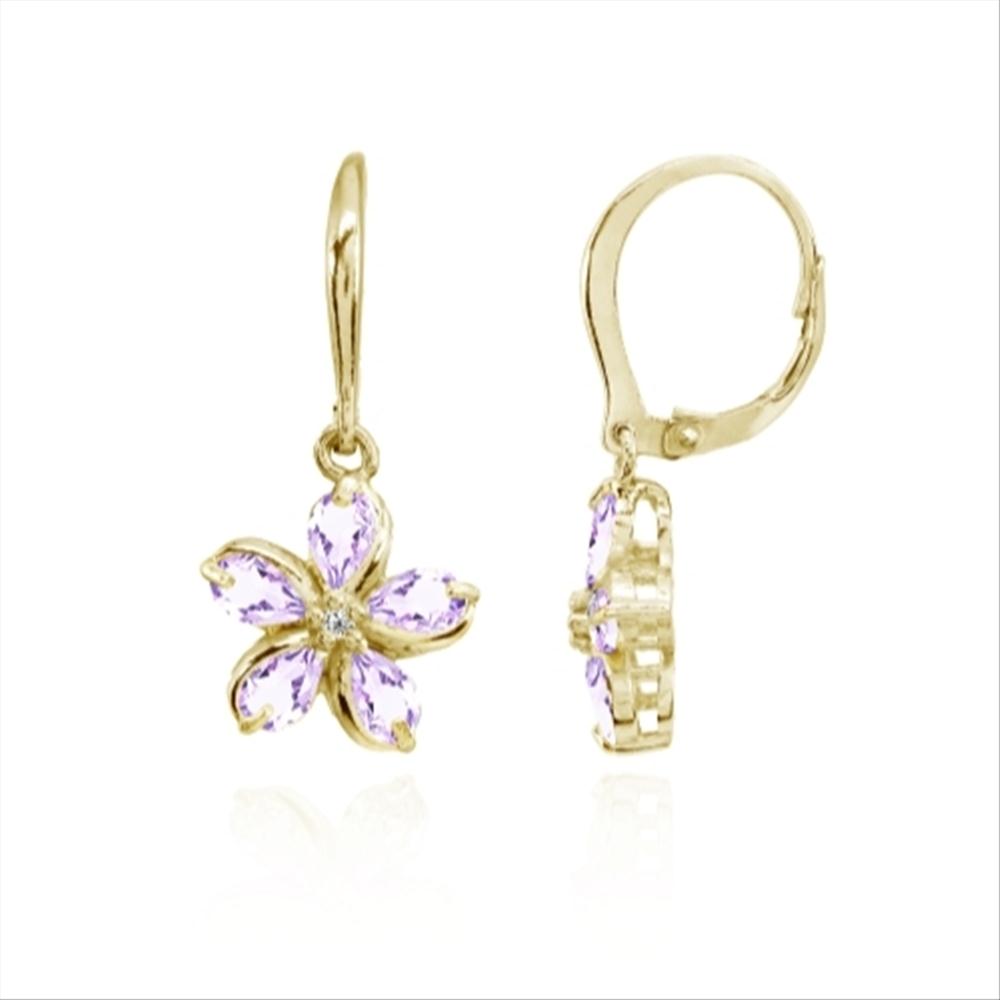 Yellow Gold Flashed Sterling Silver Amethyst Polished Flower Dangle Leverback Earrings-2