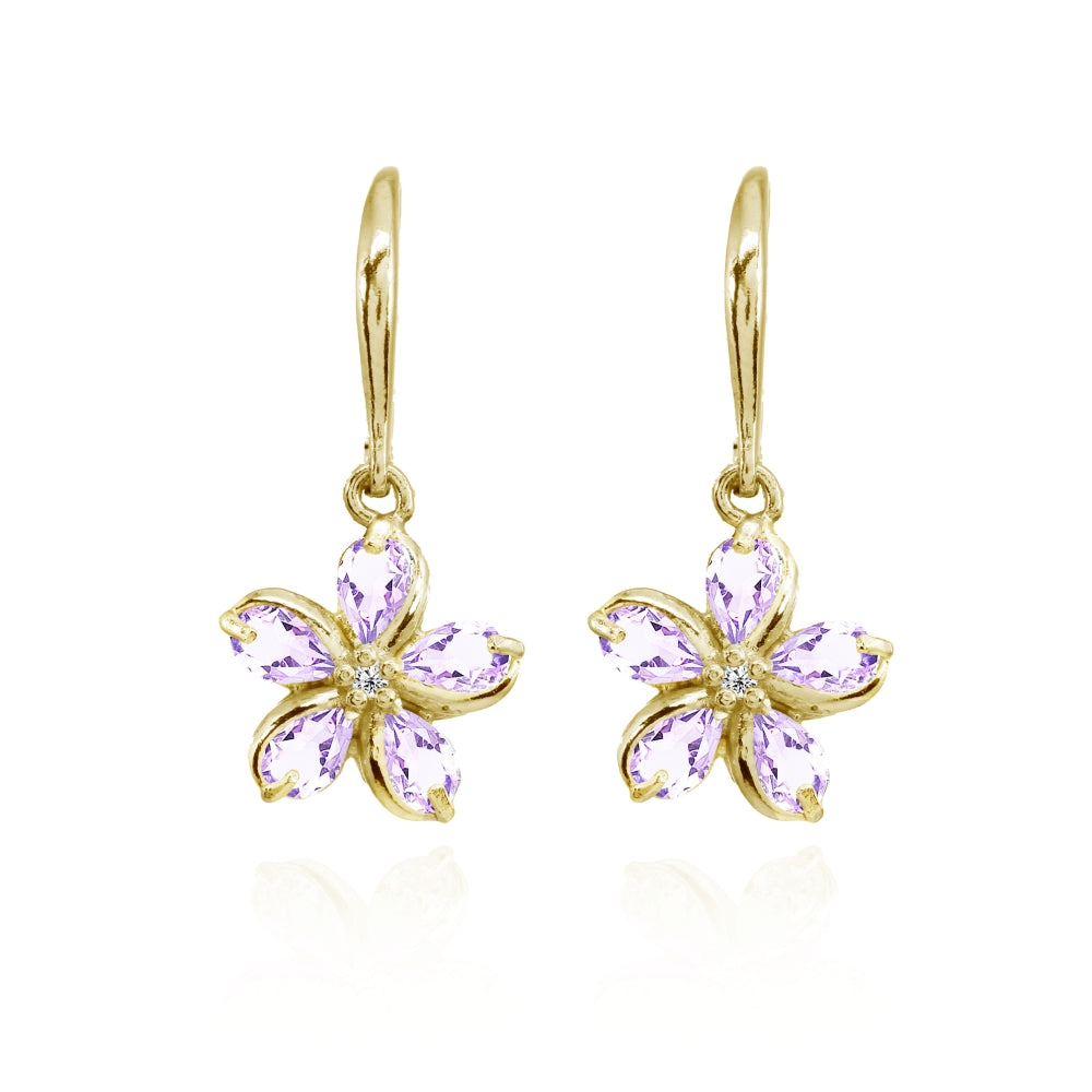 Yellow Gold Flashed Sterling Silver Amethyst Polished Flower Dangle Leverback Earrings-3