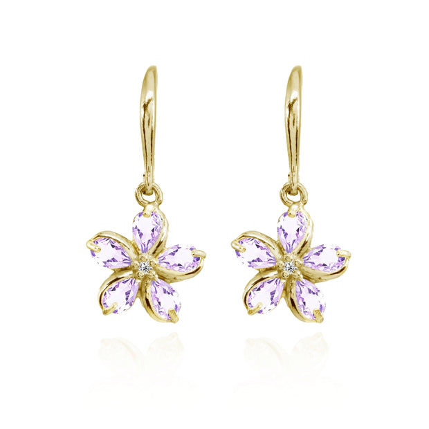 Yellow Gold Flashed Sterling Silver Amethyst Polished Flower Dangle Leverback Earrings