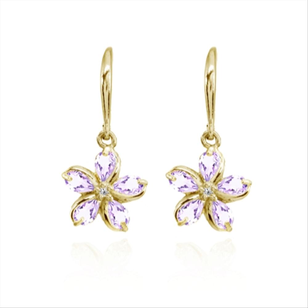 Yellow Gold Flashed Sterling Silver Amethyst Polished Flower Dangle Leverback Earrings-4