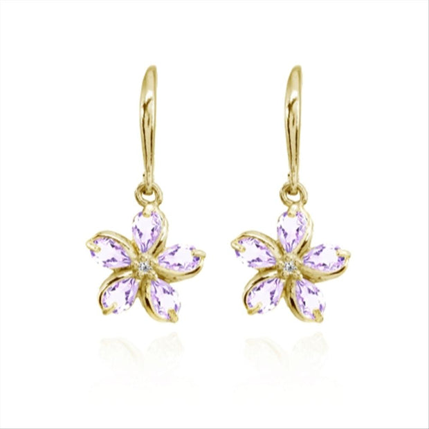 Yellow Gold Flashed Sterling Silver Amethyst Polished Flower Dangle Leverback Earrings