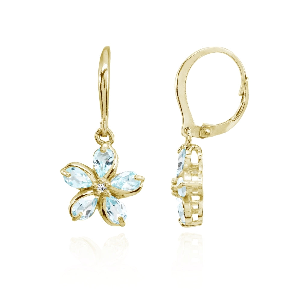 Yellow Gold Flashed Sterling Silver Blue Topaz Polished Flower Dangle Leverback Earrings
