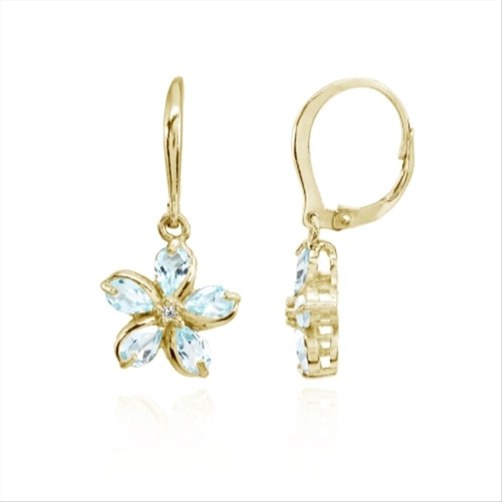Yellow Gold Flashed Sterling Silver Blue Topaz Polished Flower Dangle Leverback Earrings-2