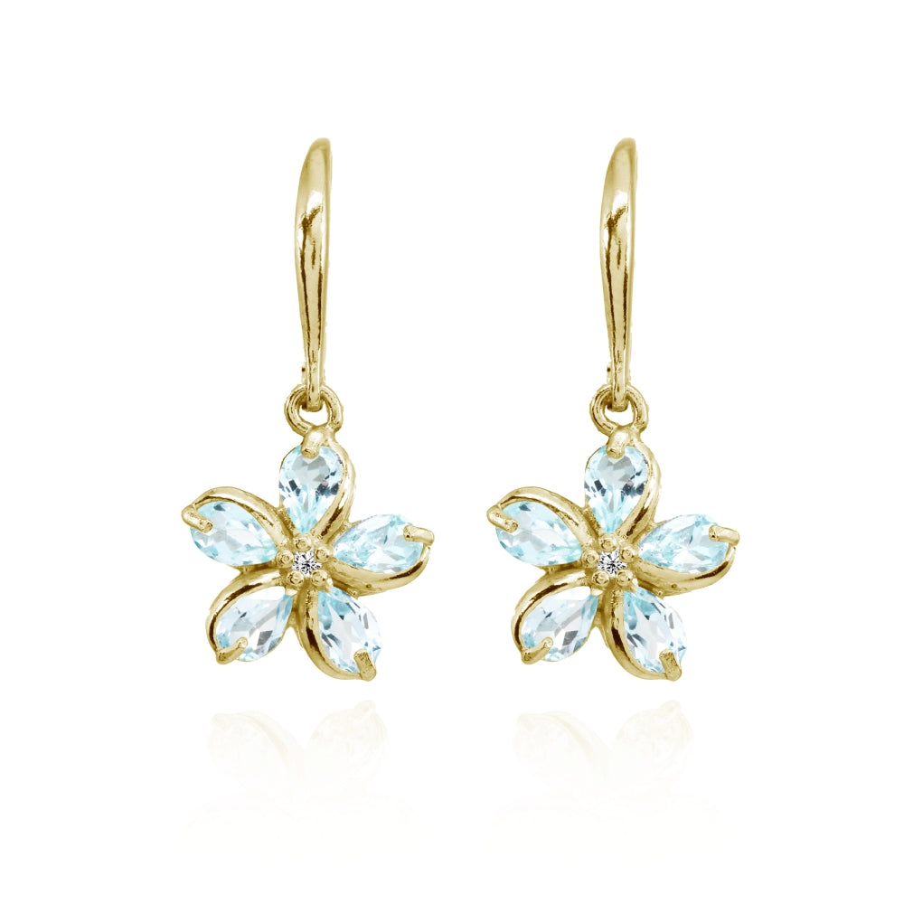 Yellow Gold Flashed Sterling Silver Blue Topaz Polished Flower Dangle Leverback Earrings-3