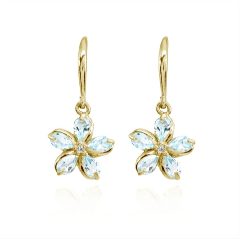 Yellow Gold Flashed Sterling Silver Blue Topaz Polished Flower Dangle Leverback Earrings-4