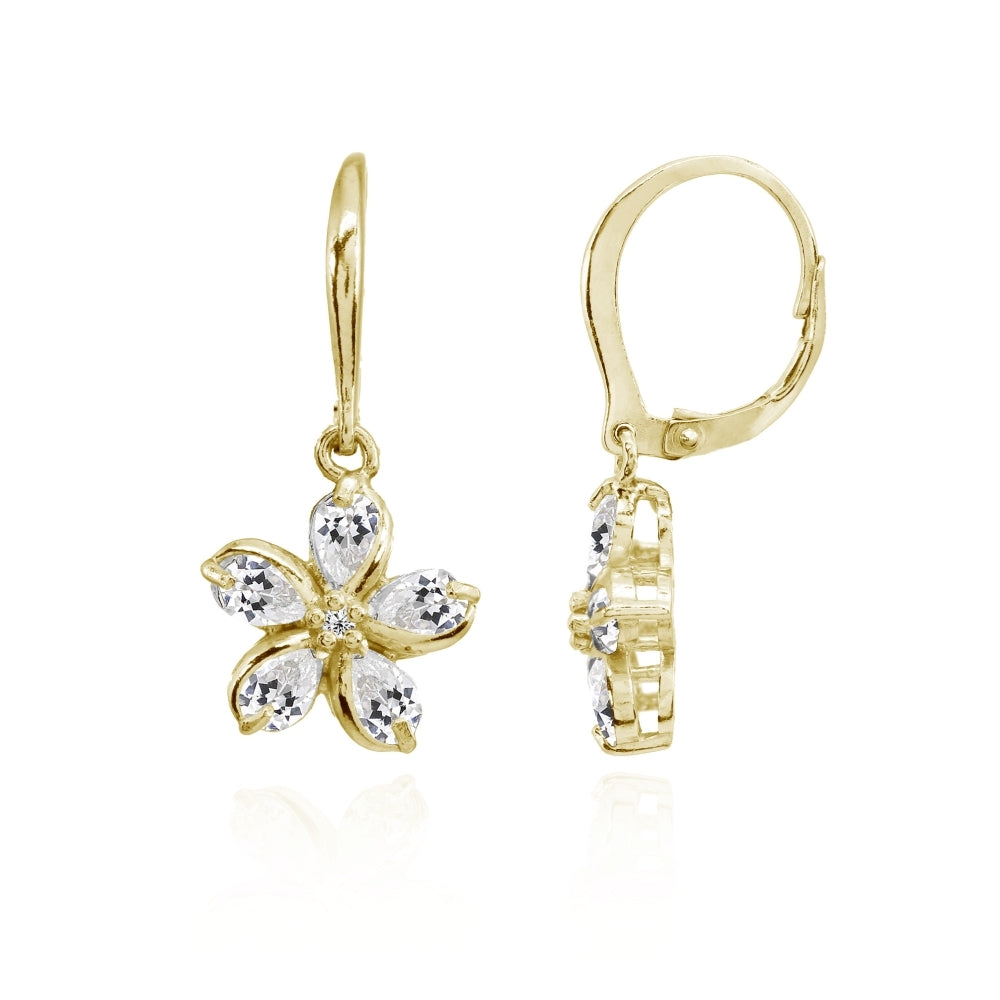 Yellow Gold Flashed Sterling Silver Cubic Zirconia Polished Flower Dangle Leverback Earrings
