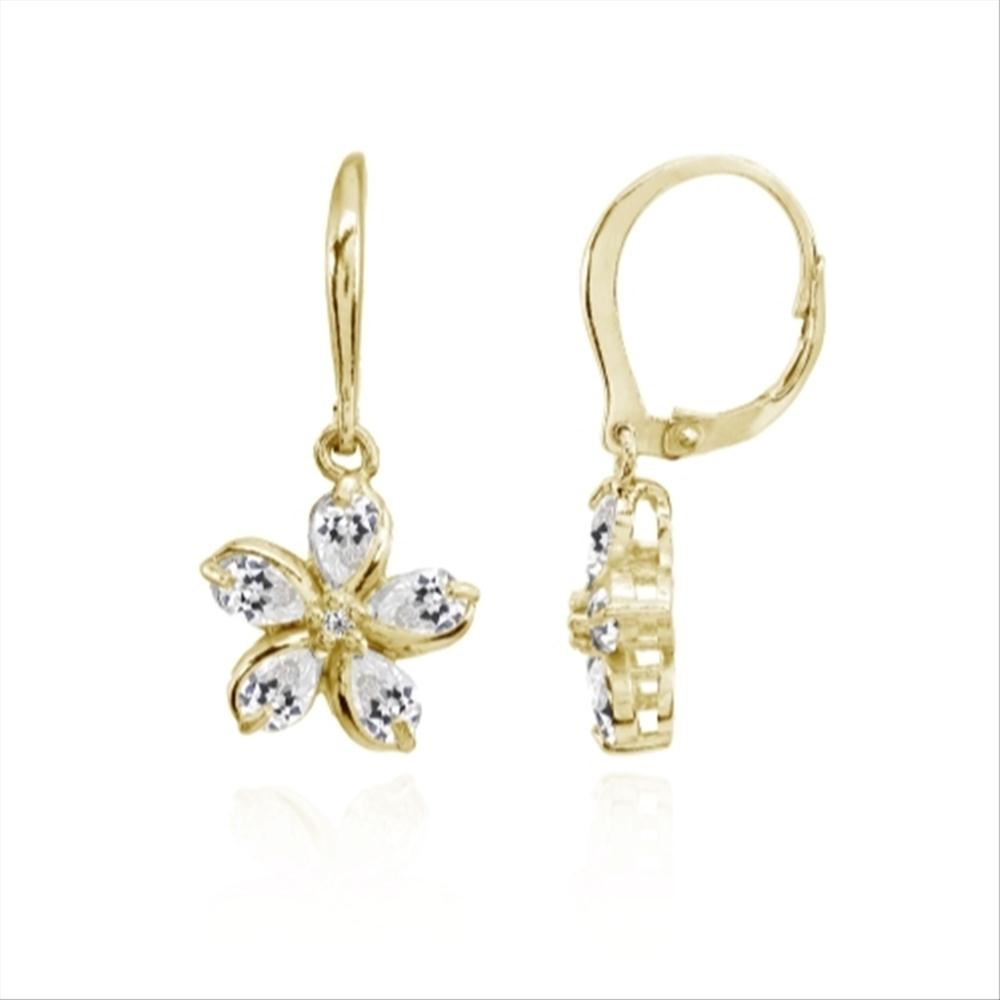 Yellow Gold Flashed Sterling Silver Cubic Zirconia Polished Flower Dangle Leverback Earrings-2