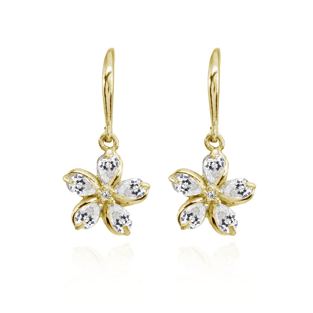 Yellow Gold Flashed Sterling Silver Cubic Zirconia Polished Flower Dangle Leverback Earrings-3