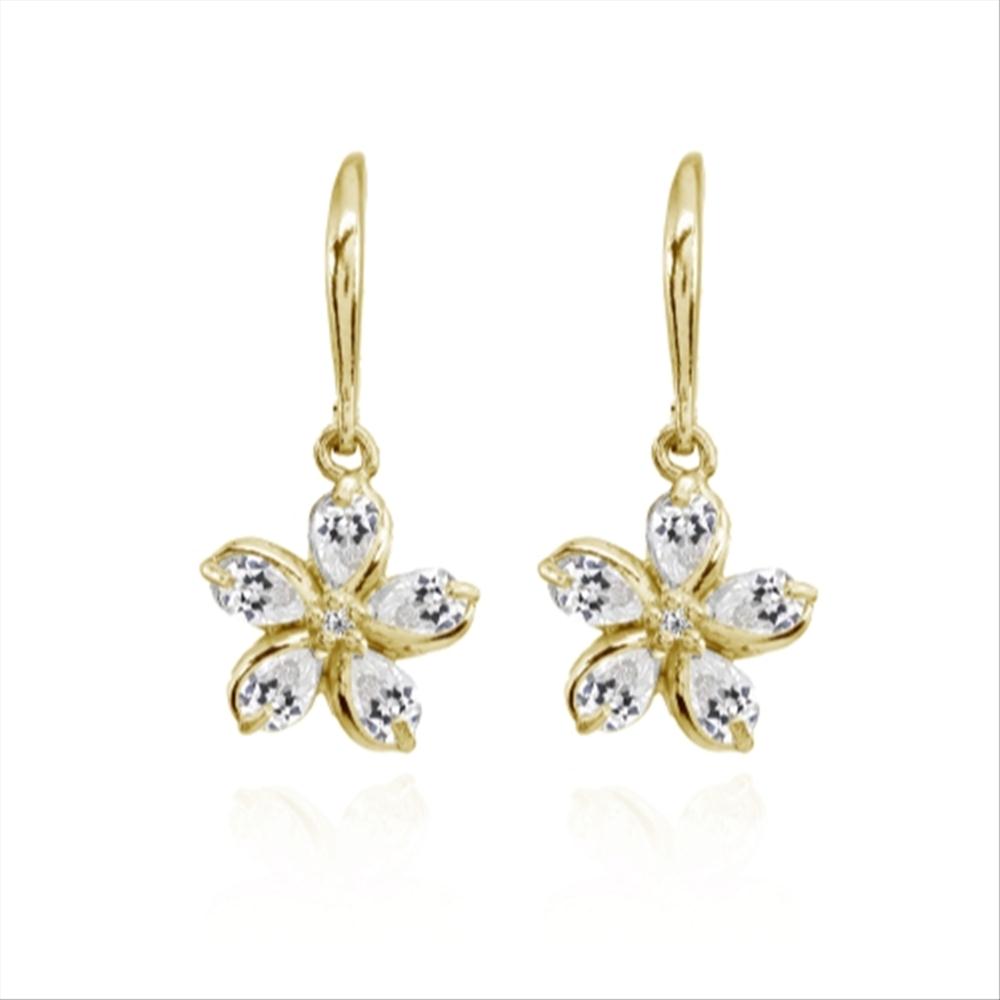 Yellow Gold Flashed Sterling Silver Cubic Zirconia Polished Flower Dangle Leverback Earrings-4