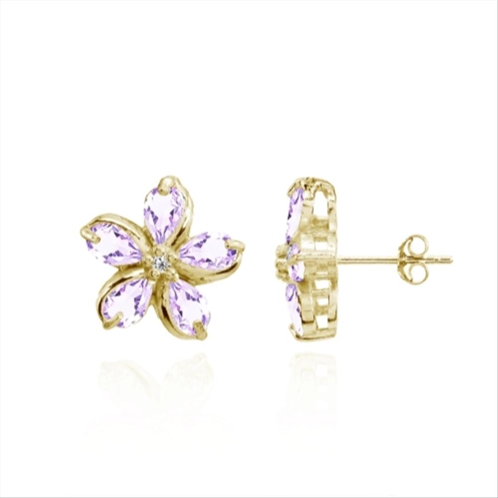 Yellow Gold Flashed Sterling Silver Amethyst Polished Flower Stud Earrings-2