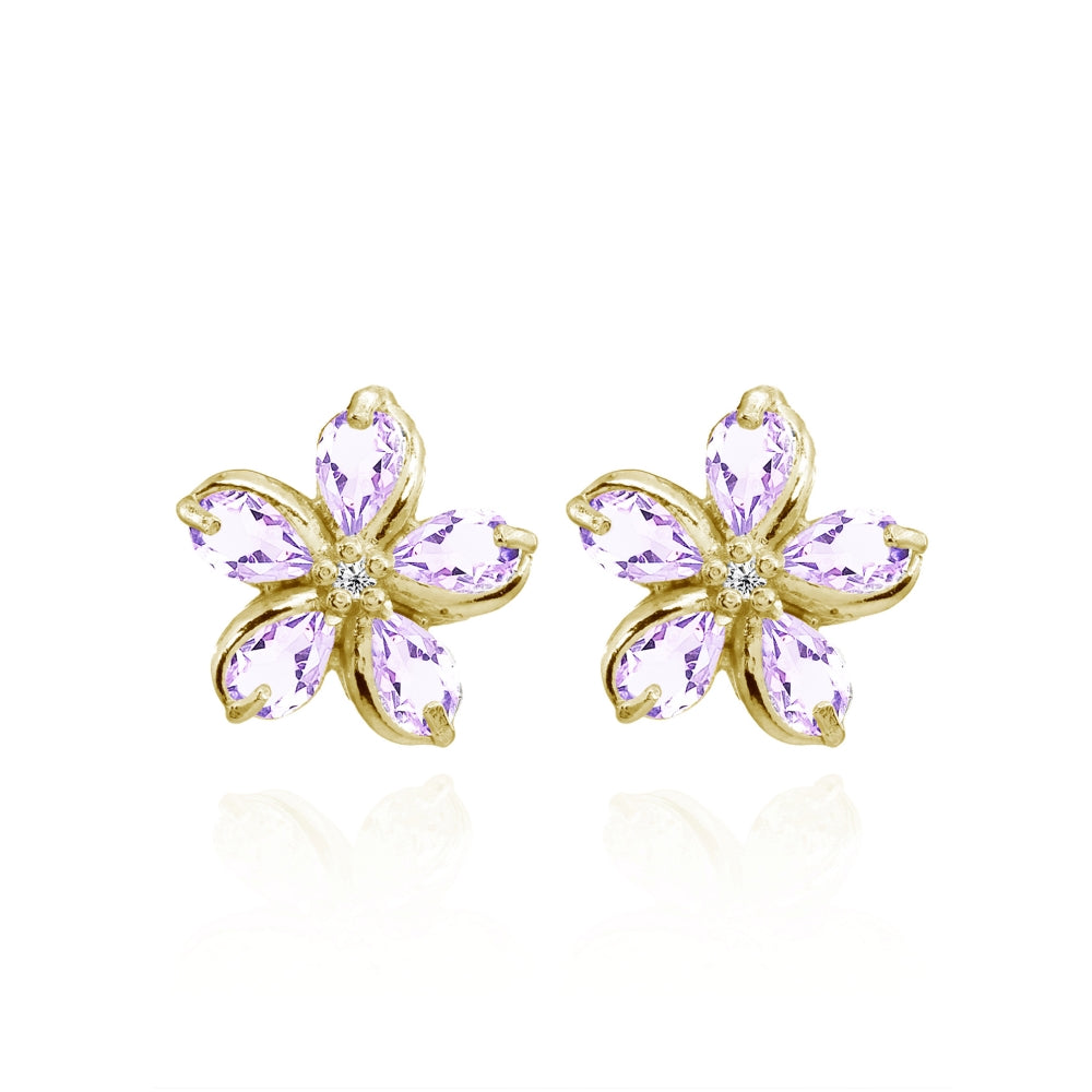 Yellow Gold Flashed Sterling Silver Amethyst Polished Flower Stud Earrings-3