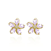 Yellow Gold Flashed Sterling Silver Amethyst Polished Flower Stud Earrings