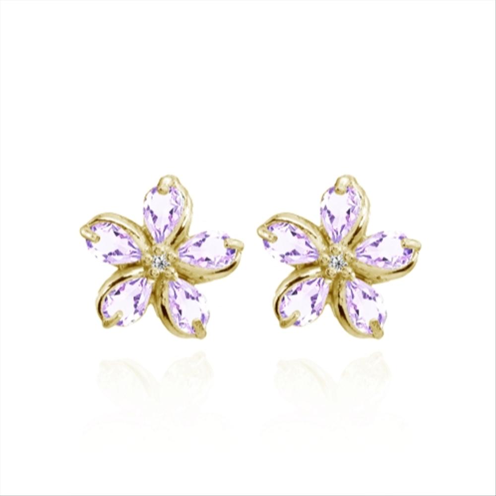 Yellow Gold Flashed Sterling Silver Amethyst Polished Flower Stud Earrings-4