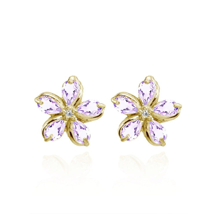 Yellow Gold Flashed Sterling Silver Amethyst Polished Flower Stud Earrings