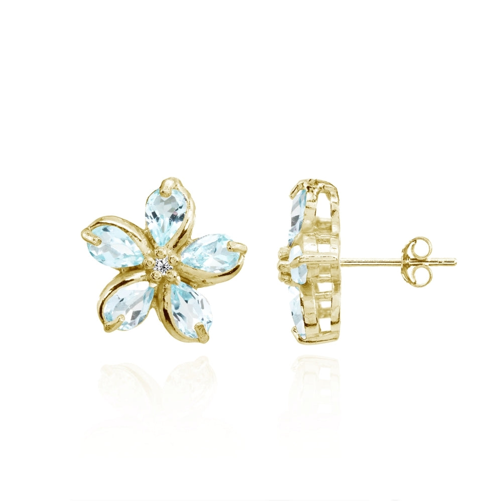 Yellow Gold Flashed Sterling Silver Blue Topaz Polished Flower Stud Earrings